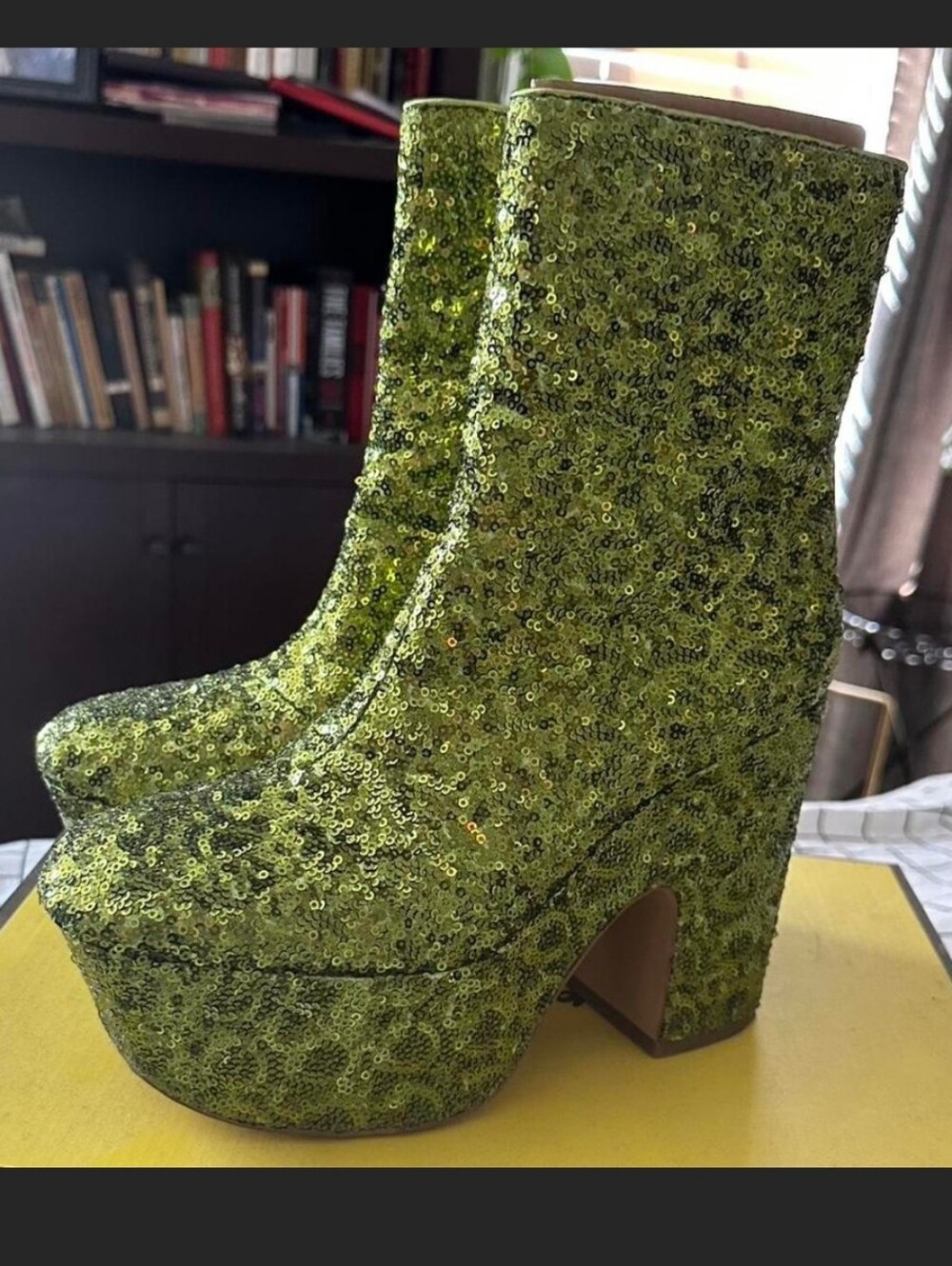 Sequined Platform Ankle Boots in Lime Green